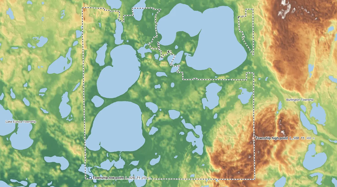 Topographic elevation map of Lake View Township, Minnesota, shaded from 1,320 ft on the southwest side to 1,580 ft on the southeast side