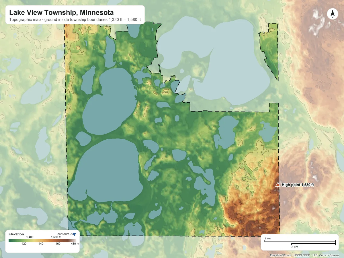 Topographic elevation map of Lake View Township, Minnesota, shaded from 1,320 ft on the southwest side to 1,580 ft on the southeast side