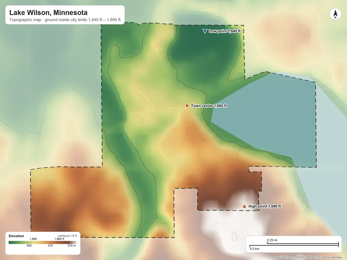 Topographic elevation map of Lake Wilson, Minnesota, shaded from 1,640 ft on the north side to 1,690 ft on the southeast side