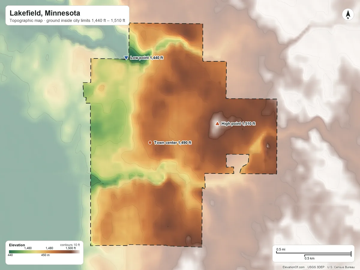 Topographic elevation map of Lakefield, Minnesota, shaded from 1,440 ft on the north side to 1,510 ft on the east side