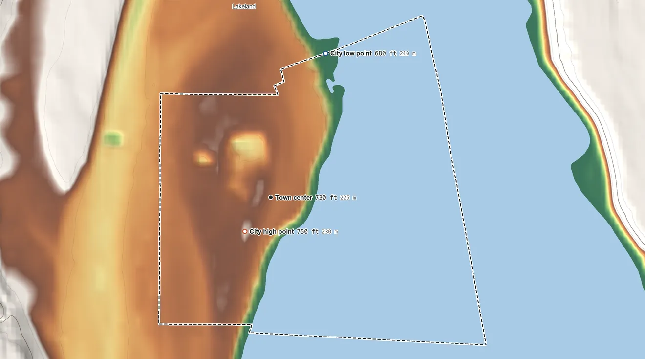 Topographic elevation map of Lakeland Shores, Minnesota, shaded from 680 ft on the north side to 750 ft near the middle