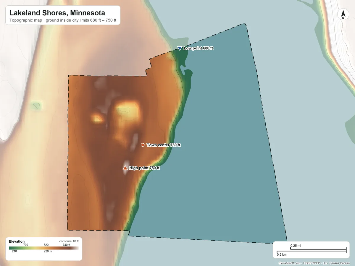 Topographic elevation map of Lakeland Shores, Minnesota, shaded from 680 ft on the north side to 750 ft near the middle