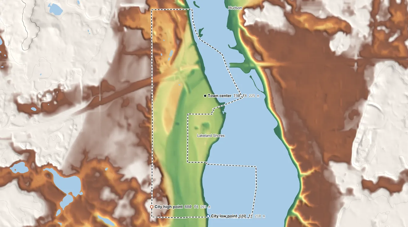 Topographic elevation map of Lakeland, Minnesota, shaded from 680 ft on the south side to 880 ft on the southwest side