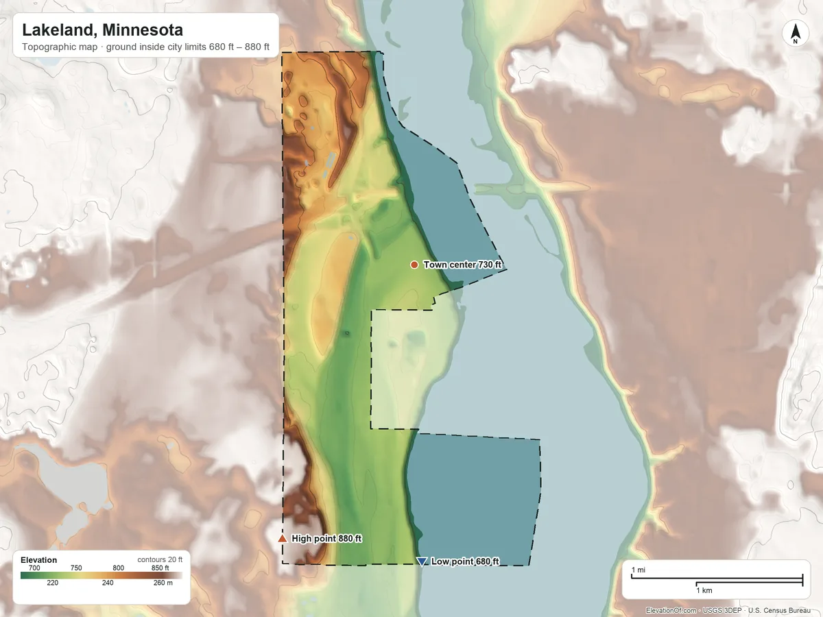 Topographic elevation map of Lakeland, Minnesota, shaded from 680 ft on the south side to 880 ft on the southwest side
