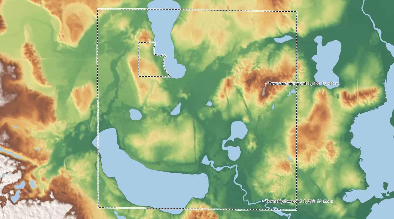 Topographic elevation map of Lakeport Township, Minnesota, shaded from 1,290 ft on the southeast side to 1,500 ft on the northeast side