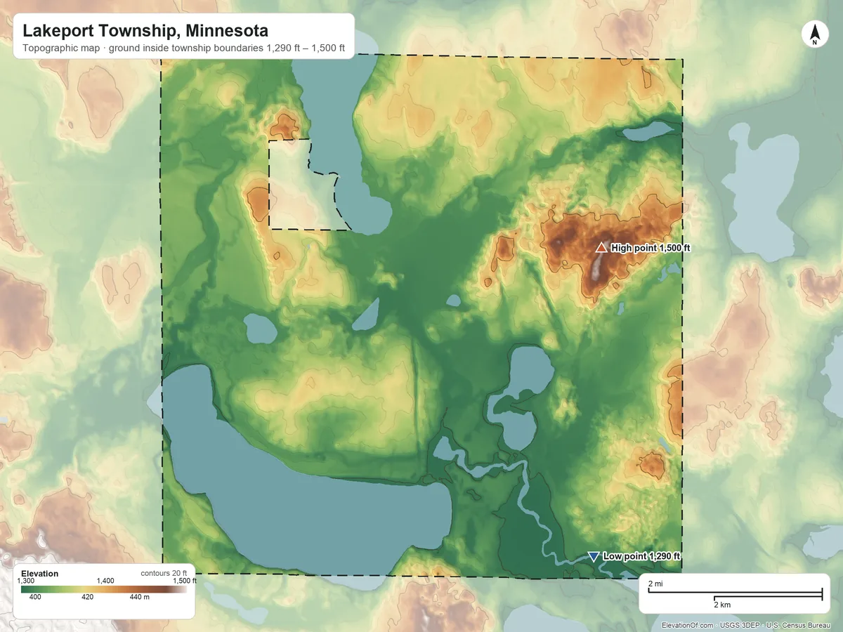 Topographic elevation map of Lakeport Township, Minnesota, shaded from 1,290 ft on the southeast side to 1,500 ft on the northeast side