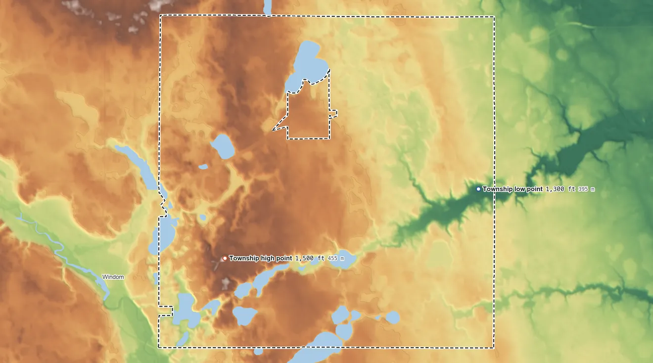 Topographic elevation map of Lakeside Township, Cottonwood County, Minnesota, shaded from 1,300 ft on the east side to 1,500 ft on the southwest side