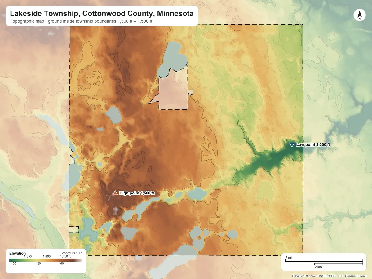 Topographic elevation map of Lakeside Township, Cottonwood County, Minnesota, shaded from 1,300 ft on the east side to 1,500 ft on the southwest side