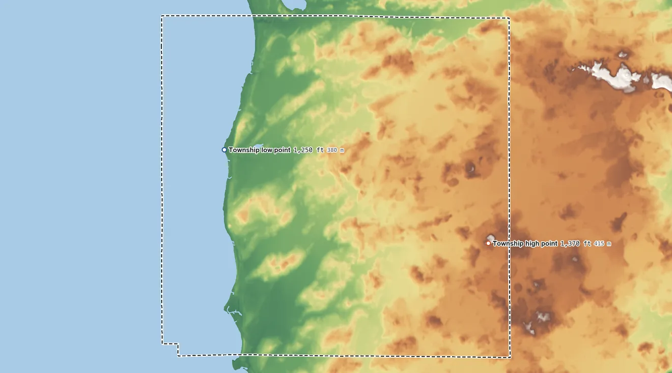 Topographic elevation map of Lakeside Township, Minnesota, shaded from 1,250 ft on the northwest side to 1,370 ft on the east side