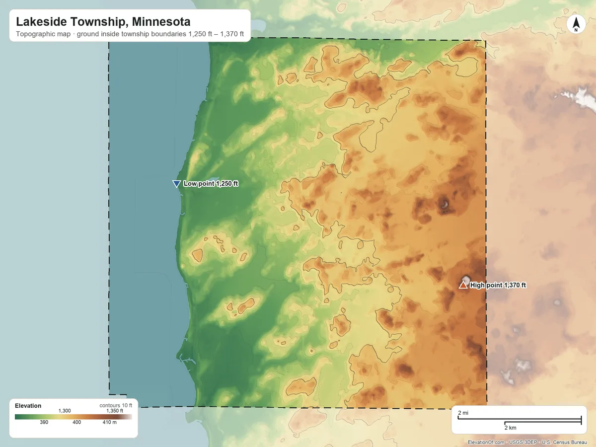 Topographic elevation map of Lakeside Township, Minnesota, shaded from 1,250 ft on the northwest side to 1,370 ft on the east side