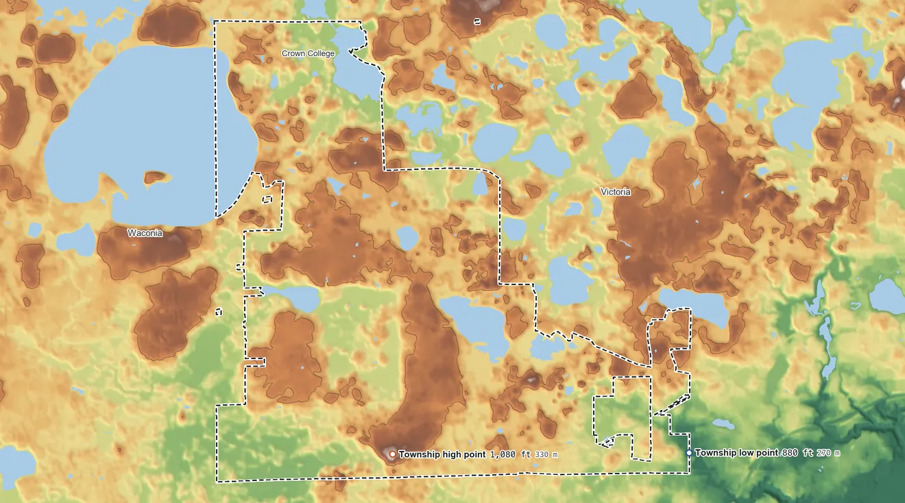 Topographic elevation map of Laketown Township, Minnesota, shaded from 880 ft on the southeast side to 1,080 ft on the south side