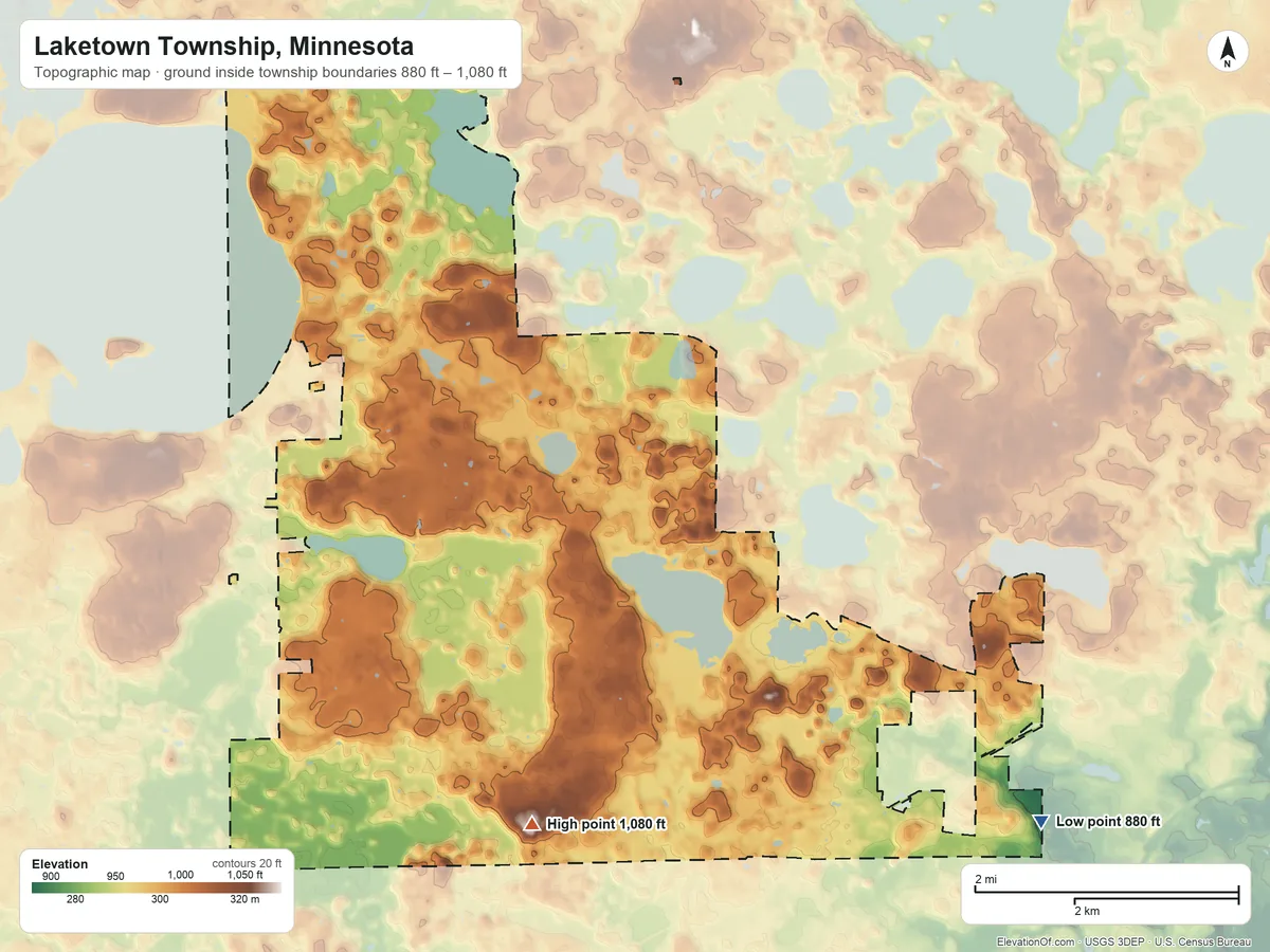 Topographic elevation map of Laketown Township, Minnesota, shaded from 880 ft on the southeast side to 1,080 ft on the south side