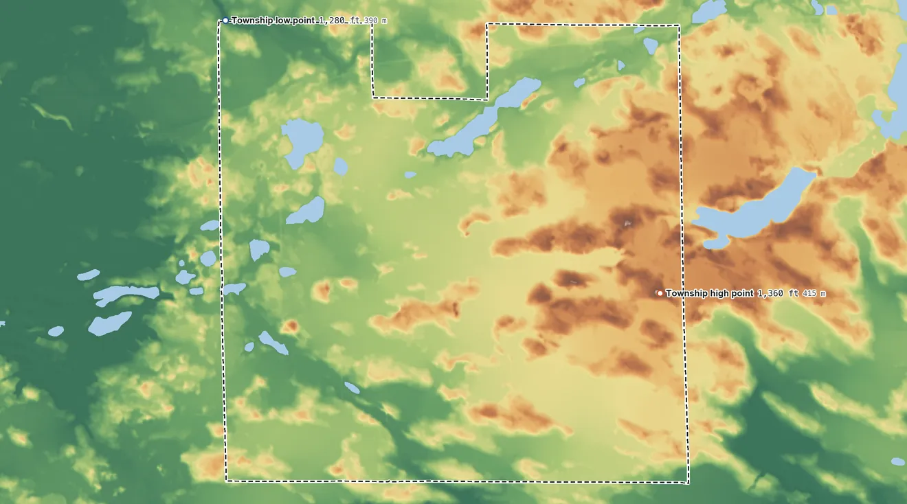 Topographic elevation map of Lakeview Township, Minnesota, shaded from 1,280 ft on the northwest side to 1,360 ft on the east side