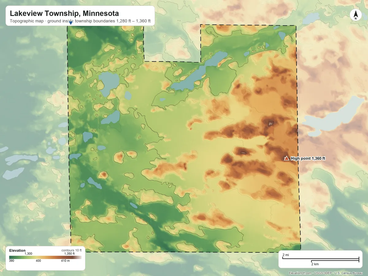 Topographic elevation map of Lakeview Township, Minnesota, shaded from 1,280 ft on the northwest side to 1,360 ft on the east side
