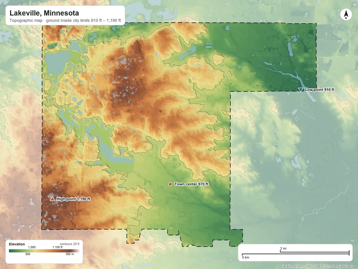 Topographic elevation map of Lakeville, Minnesota, shaded from 910 ft on the northeast side to 1,190 ft on the west side