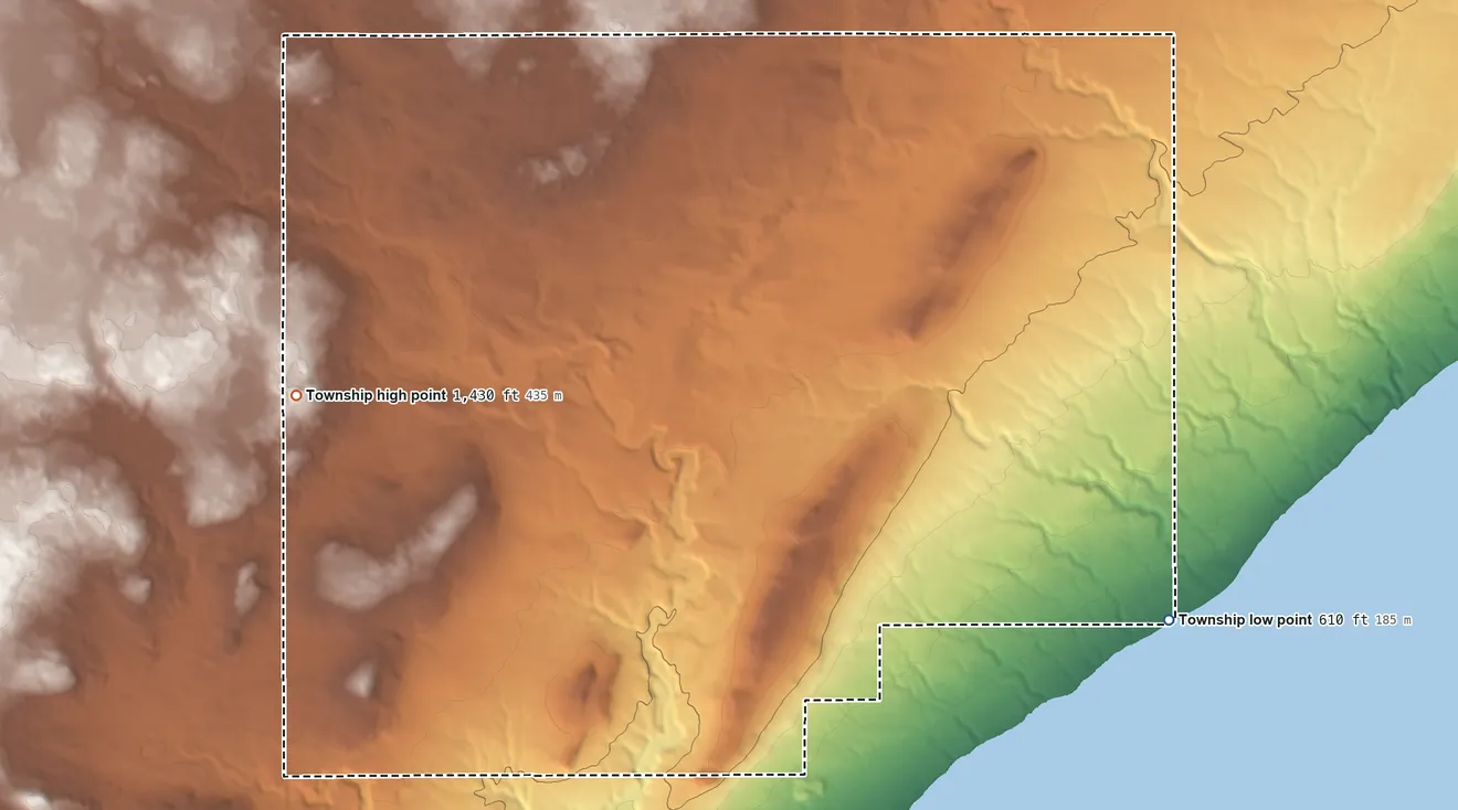 Topographic elevation map of Lakewood Township, Minnesota, shaded from 610 ft on the southeast side to 1,430 ft on the west side