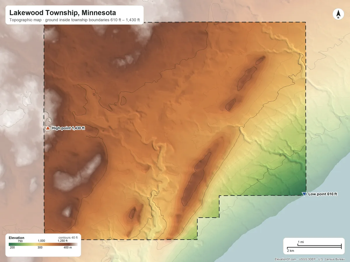 Topographic elevation map of Lakewood Township, Minnesota, shaded from 610 ft on the southeast side to 1,430 ft on the west side