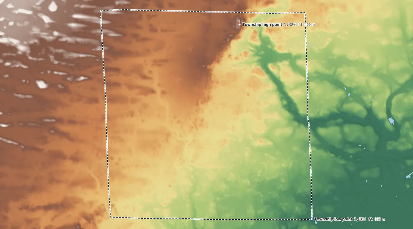 Topographic elevation map of Lakin Township, Minnesota, shaded from 1,180 ft on the southeast side to 1,320 ft on the northeast side