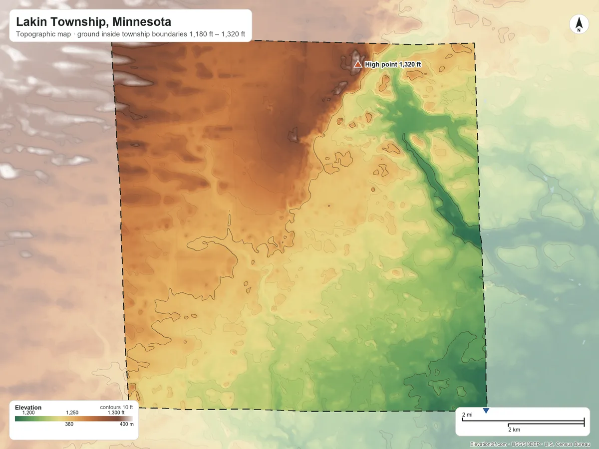 Topographic elevation map of Lakin Township, Minnesota, shaded from 1,180 ft on the southeast side to 1,320 ft on the northeast side
