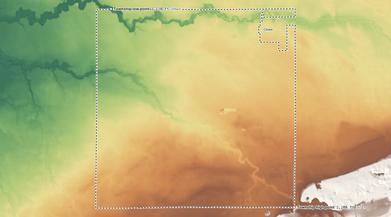 Topographic elevation map of Lambert Township, Minnesota, shaded from 1,120 ft on the northwest side to 1,200 ft on the southeast side