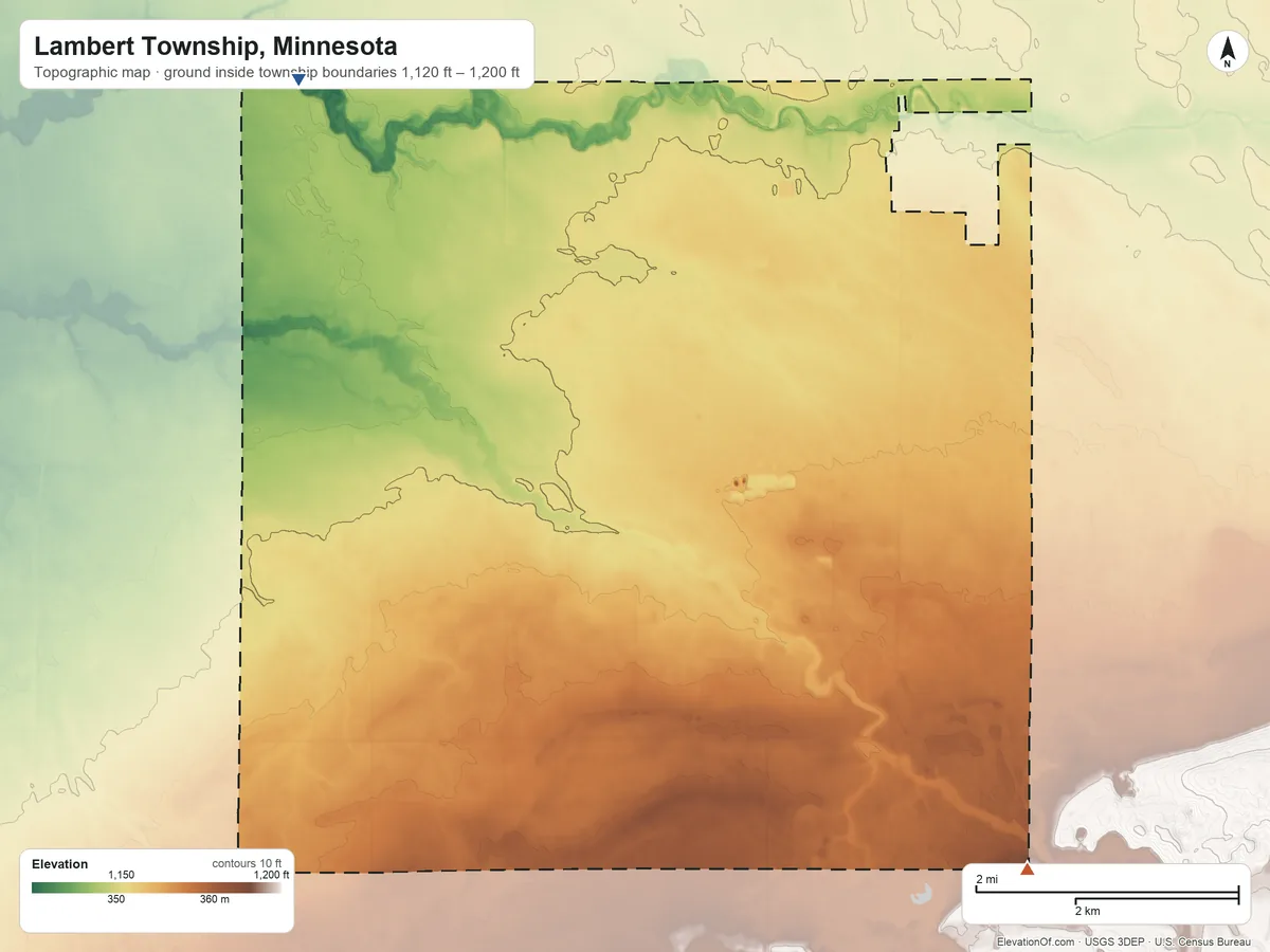 Topographic elevation map of Lambert Township, Minnesota, shaded from 1,120 ft on the northwest side to 1,200 ft on the southeast side