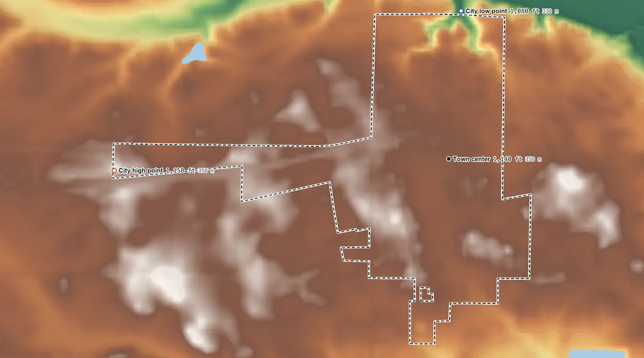 Topographic elevation map of Lamberton, Minnesota, shaded from 1,080 ft on the north side to 1,150 ft on the west side