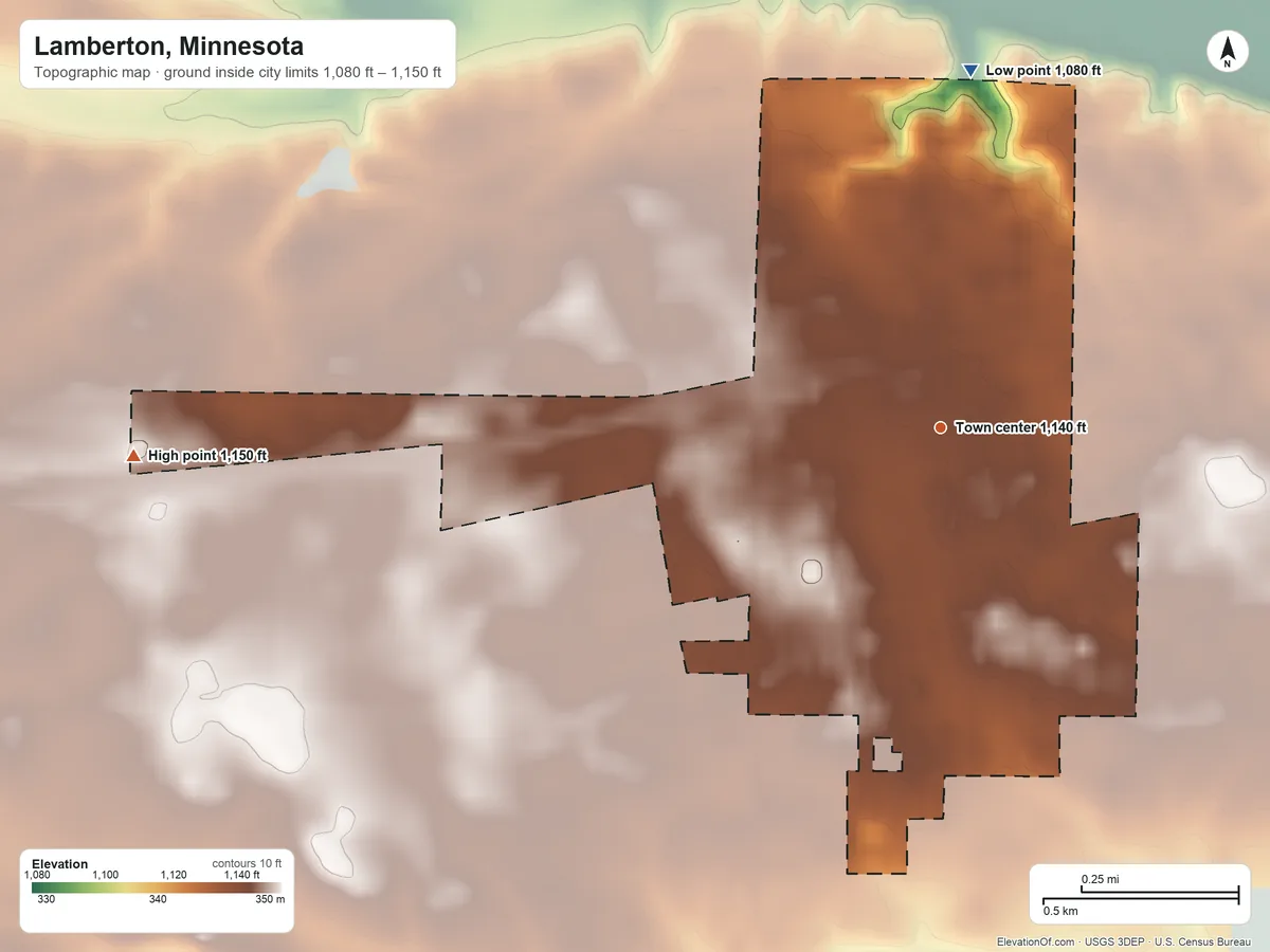 Topographic elevation map of Lamberton, Minnesota, shaded from 1,080 ft on the north side to 1,150 ft on the west side