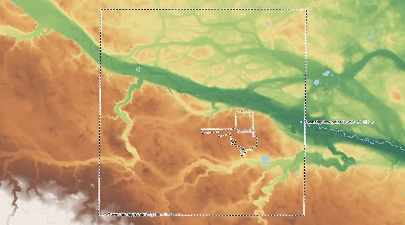 Topographic elevation map of Lamberton Township, Minnesota, shaded from 1,050 ft on the east side to 1,200 ft on the southwest side