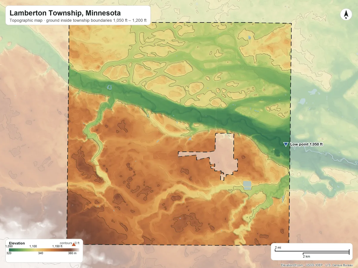Topographic elevation map of Lamberton Township, Minnesota, shaded from 1,050 ft on the east side to 1,200 ft on the southwest side