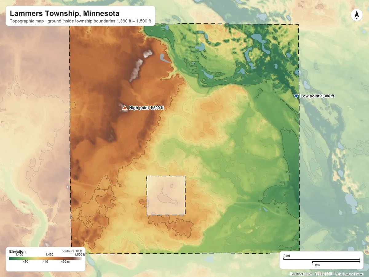 Topographic elevation map of Lammers Township, Minnesota, shaded from 1,380 ft on the east side to 1,500 ft on the west side