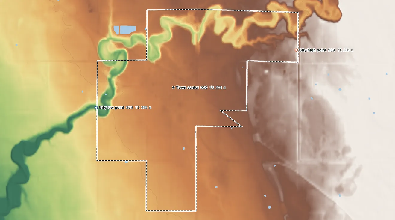 Topographic elevation map of Lancaster, Minnesota, shaded from 870 ft on the west side to 930 ft on the east side