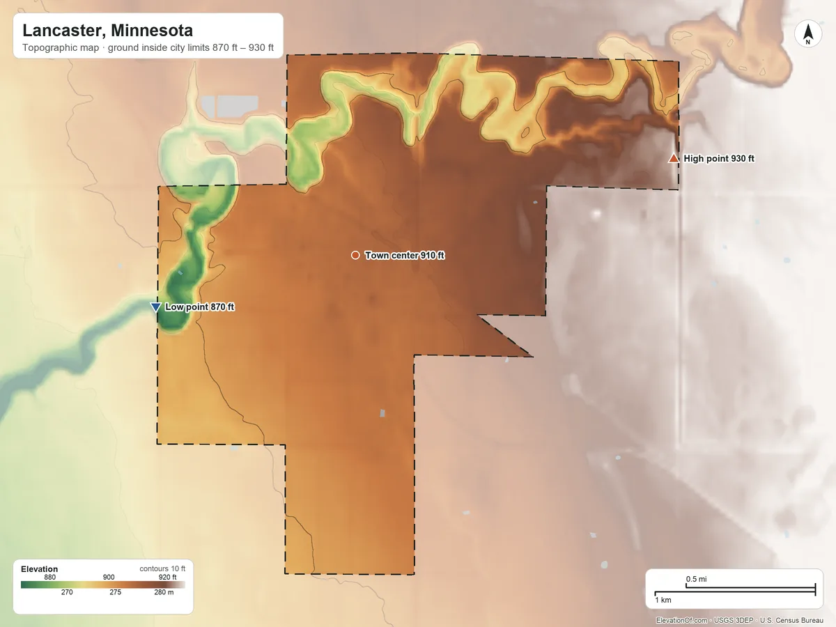 Topographic elevation map of Lancaster, Minnesota, shaded from 870 ft on the west side to 930 ft on the east side