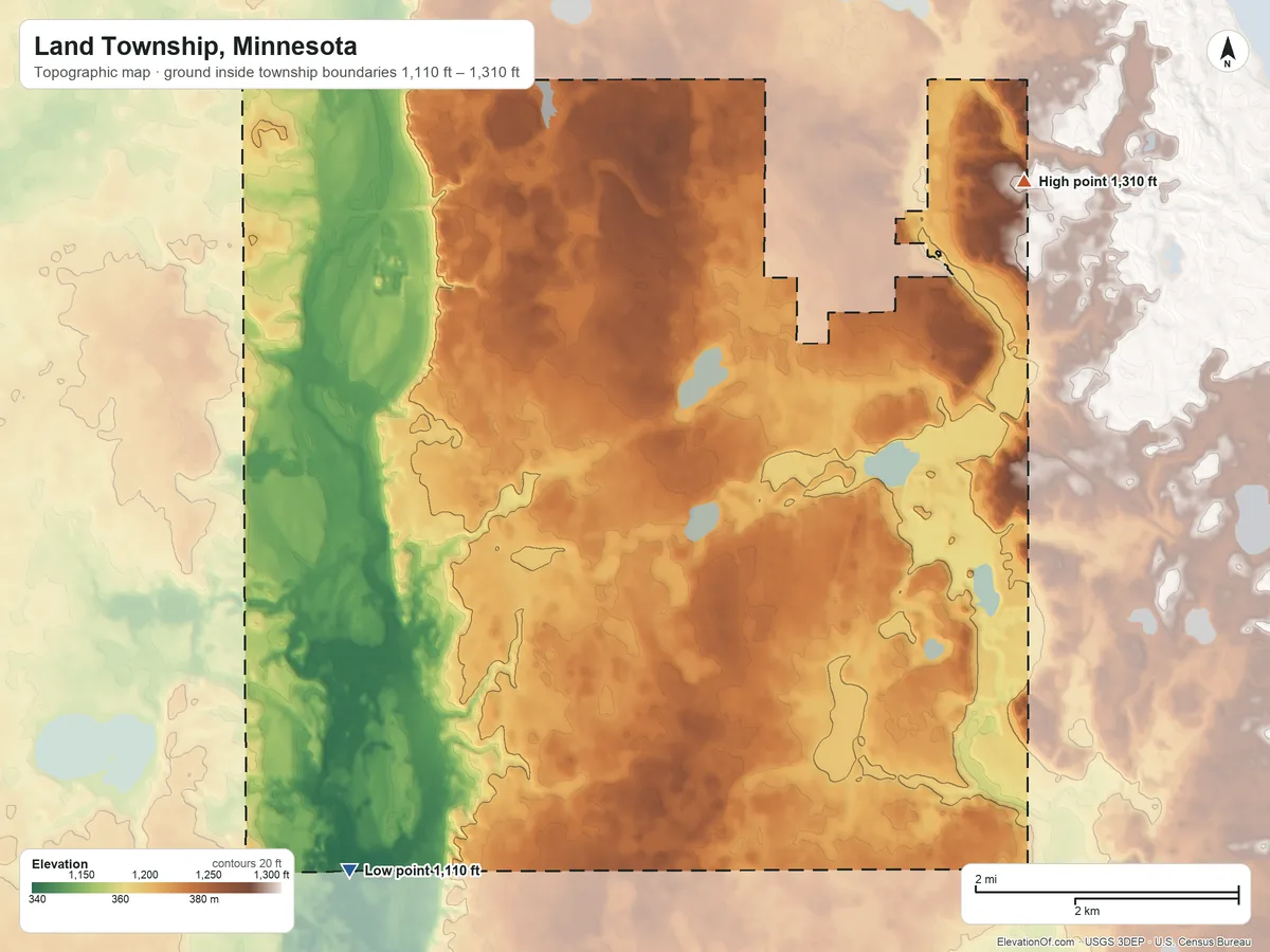 Topographic elevation map of Land Township, Minnesota, shaded from 1,110 ft on the southwest side to 1,310 ft on the northeast side