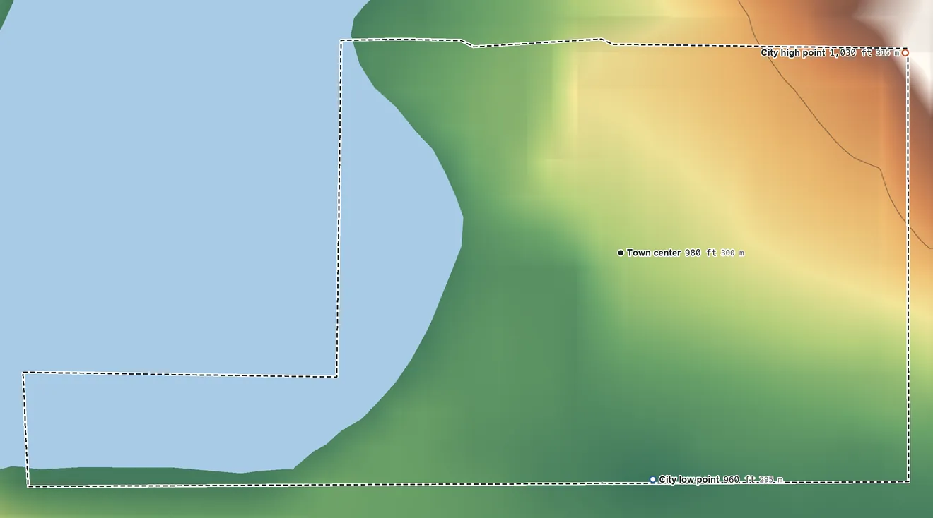 Topographic elevation map of Landfall, Minnesota, shaded from 960 ft on the south side to 1,030 ft on the northeast side
