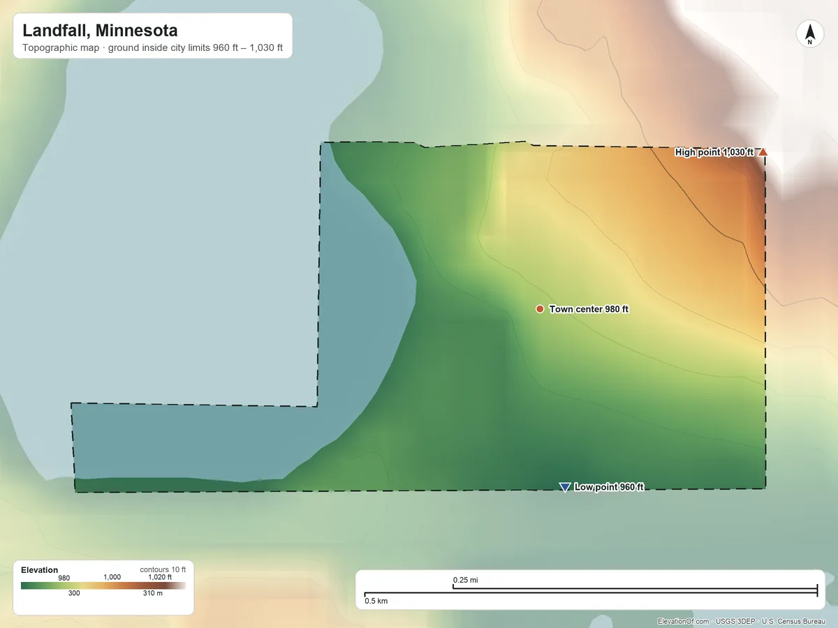 Topographic elevation map of Landfall, Minnesota, shaded from 960 ft on the south side to 1,030 ft on the northeast side
