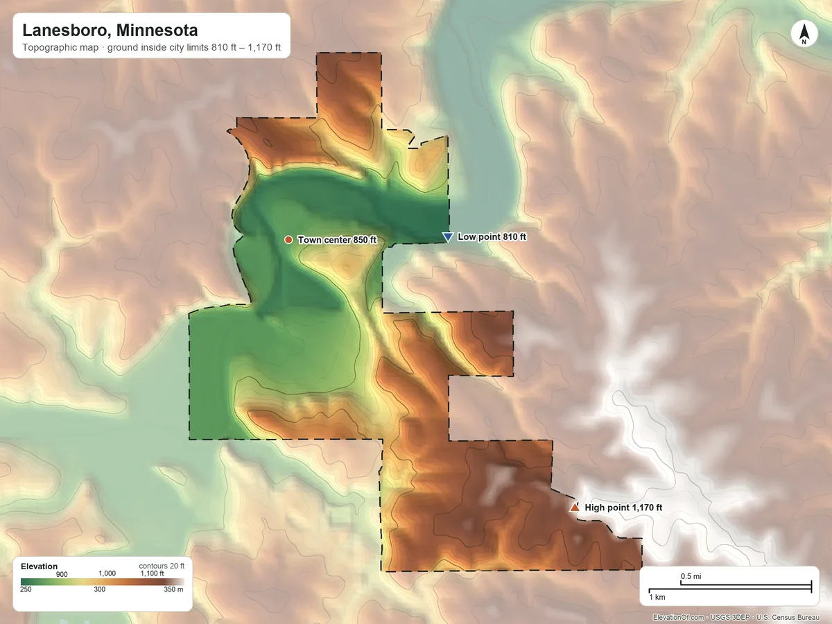 Topographic elevation map of Lanesboro, Minnesota, shaded from 810 ft on the east side to 1,170 ft on the southeast side