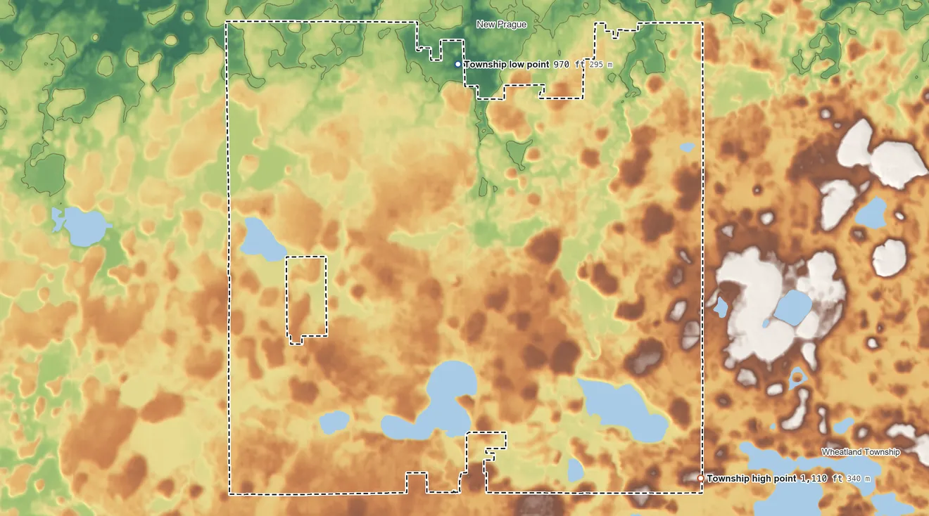 Topographic elevation map of Lanesburgh Township, Minnesota, shaded from 970 ft on the north side to 1,110 ft on the southeast side
