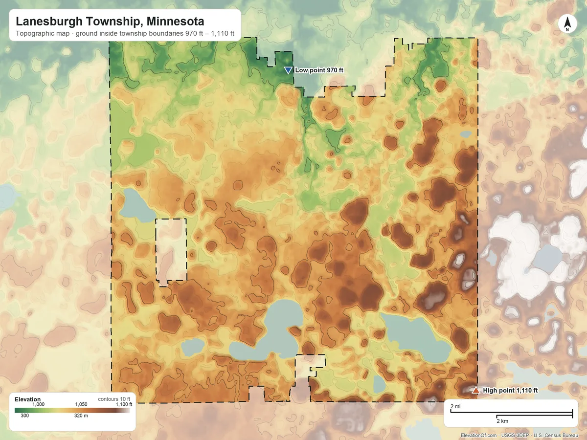 Topographic elevation map of Lanesburgh Township, Minnesota, shaded from 970 ft on the north side to 1,110 ft on the southeast side