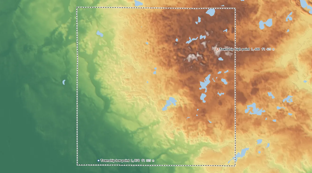 Topographic elevation map of Langhei Township, Minnesota, shaded from 1,070 ft on the southwest side to 1,400 ft on the northeast side