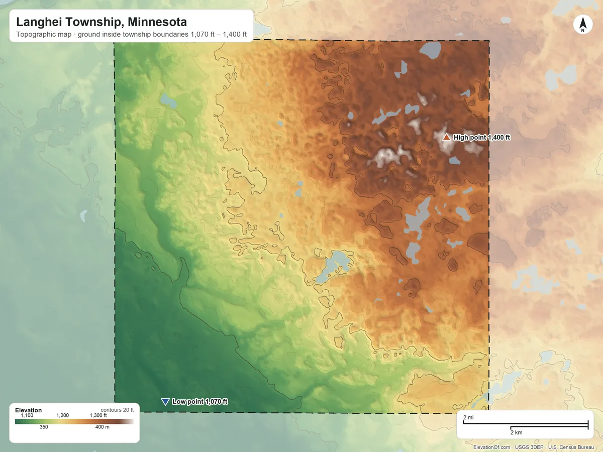 Topographic elevation map of Langhei Township, Minnesota, shaded from 1,070 ft on the southwest side to 1,400 ft on the northeast side