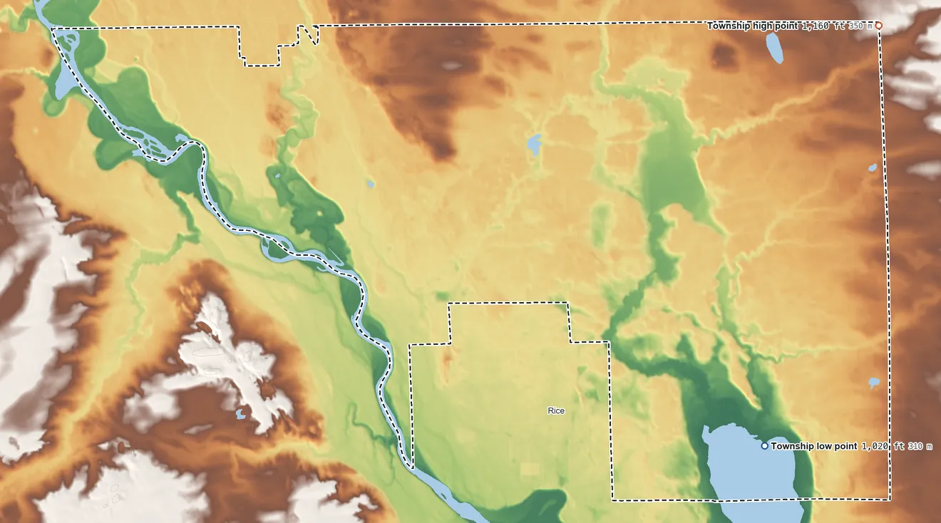 Topographic elevation map of Langola Township, Minnesota, shaded from 1,020 ft on the southeast side to 1,160 ft on the northeast side
