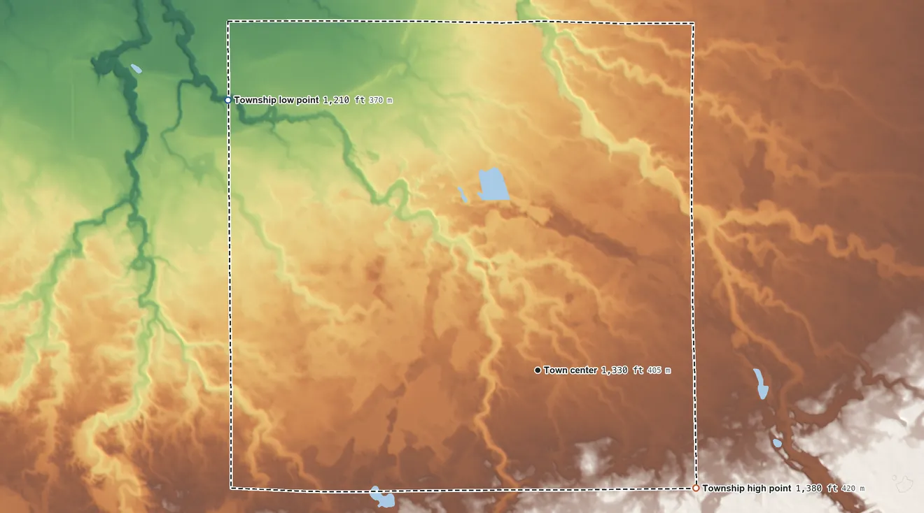 Topographic elevation map of Langor Township, Minnesota, shaded from 1,210 ft on the northwest side to 1,380 ft on the southeast side