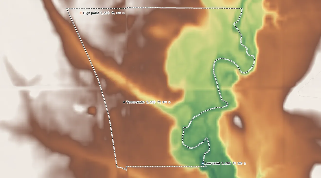 Topographic elevation map of Lansing, Minnesota, shaded from 1,200 ft on the southeast side to 1,230 ft on the northwest side