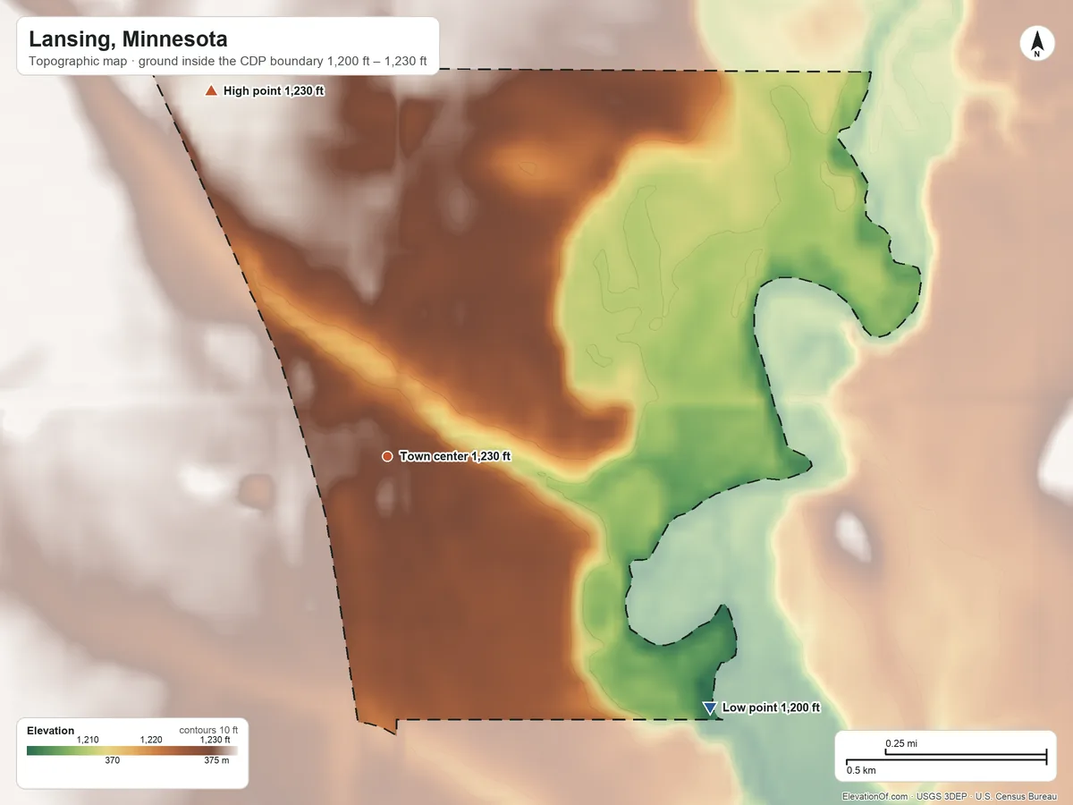 Topographic elevation map of Lansing, Minnesota, shaded from 1,200 ft on the southeast side to 1,230 ft on the northwest side