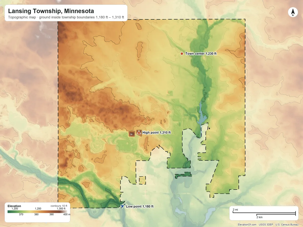 Topographic elevation map of Lansing Township, Minnesota, shaded from 1,180 ft on the south side to 1,310 ft on the southwest side