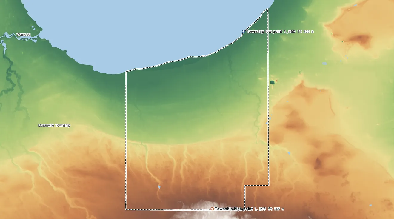 Topographic elevation map of Laona Township, Minnesota, shaded from 1,060 ft on the northeast side to 1,190 ft on the southeast side