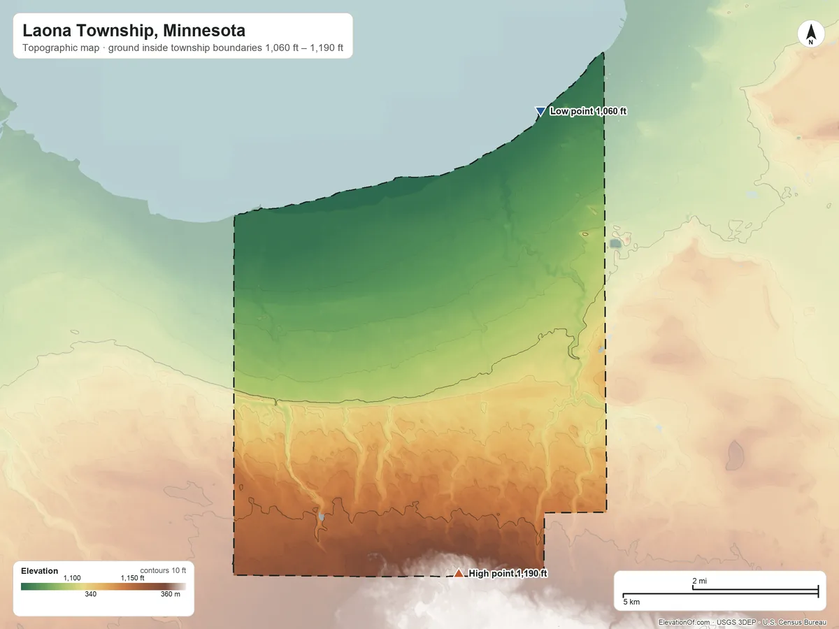 Topographic elevation map of Laona Township, Minnesota, shaded from 1,060 ft on the northeast side to 1,190 ft on the southeast side
