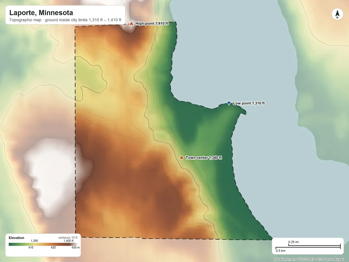 Topographic elevation map of Laporte, Minnesota, shaded from 1,310 ft on the northeast side to 1,410 ft on the north side
