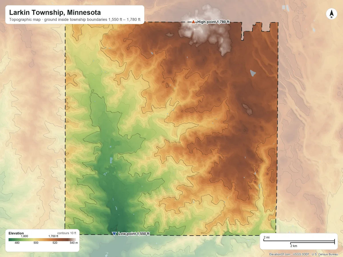Topographic elevation map of Larkin Township, Minnesota, shaded from 1,550 ft on the southwest side to 1,780 ft on the north side