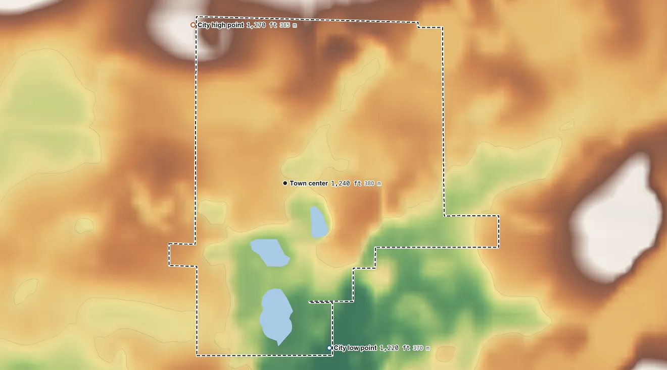 Topographic elevation map of Lastrup, Minnesota, shaded from 1,220 ft on the south side to 1,270 ft on the northwest side